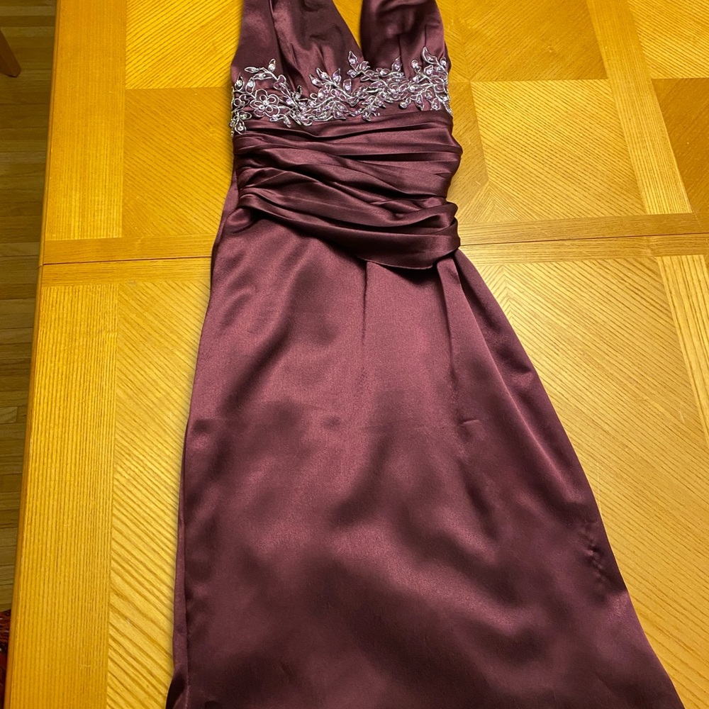Plum tea length prom dress